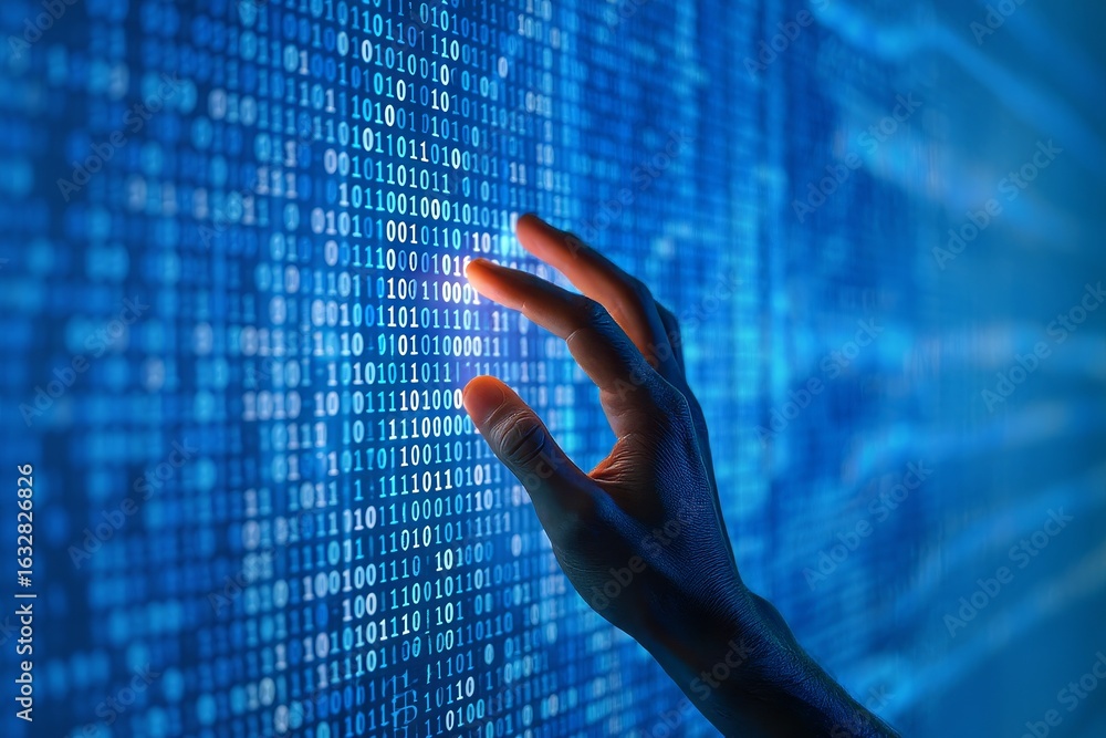 Fototapete understanding binary code with hand interaction for digital transformation