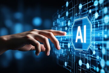 Exploring future technology artificial intelligence ai hand touching interface screen