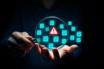 Examining risk management audit compliance with magnifying glass and checklist icons