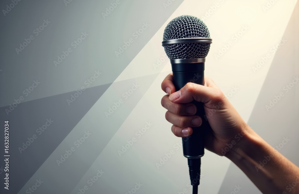 Poster woman holding microphone in hand with a plain background creating a sense of speech or presentation