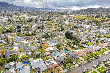 Burbank, CA, LA County, March 13, 2025: Aerial View of Village of Burbank around Burbank Downtown,...
