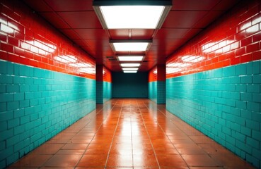 Colorful underground corridor with red ceiling and turquoise walls creating a vibrant atmosphere