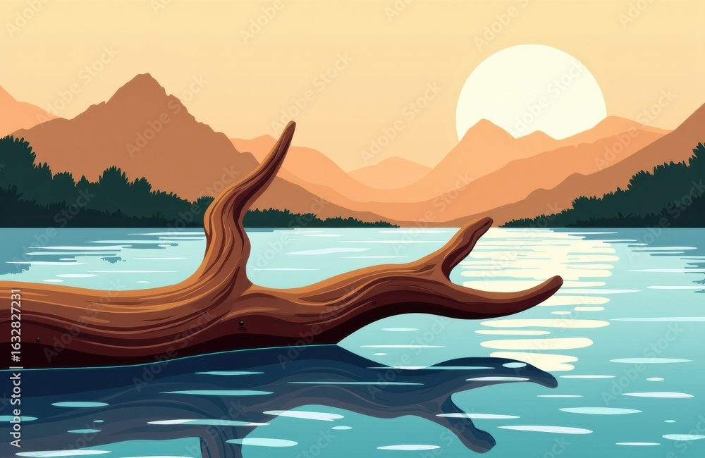 Poster a fallen tree branch extends over a calm lake with mountains and a setting sun in the background