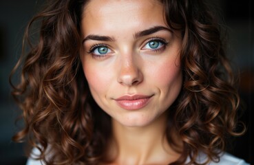 Naklejka premium Woman with curly brown hair and bright blue eyes looking directly at the camera