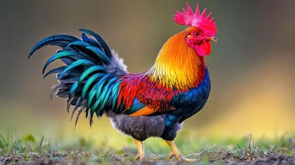 Fototapeta premium A vibrant and colorful rooster standing in grassy outdoor environment