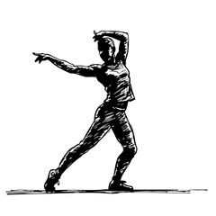 Dancing woman in sketch style showcases dance movements with arms extended, dance being her form of expression. Sketch emphasizes motion and rhythm. Dancing woman for artistic representation,