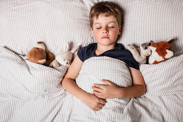 Cute little boy sleeping peacefully in bed, holding soft stuffed animals. Cozy childhood bedtime...