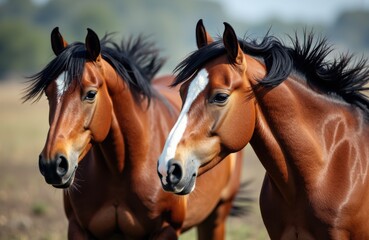 Fototapeta premium Two brown horses with black manes standing outdoors in a natural setting