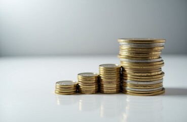 Stacks of gold coins arranged in increasing order on a white surface with a plain background