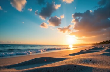 Obraz premium Sunset over a sandy beach with gentle waves and a partly cloudy sky creating a peaceful seaside scene