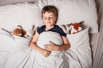 Cute little boy sleeping peacefully in bed, holding soft stuffed animals. Cozy childhood bedtime...