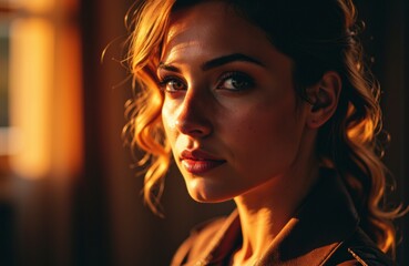 Close-up portrait of a woman with wavy hair illuminated by warm, golden light