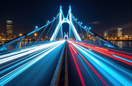 A modern suspension bridge illuminated at night with vibrant light trails from moving vehicles - Powered by Adobe