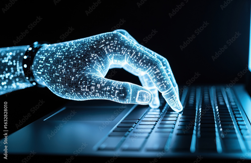 Poster futuristic digital hand typing on a keyboard with glowing data points and technology theme