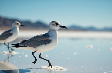 Fototapeta premium Seagulls walking on a reflective salt flat surface under clear sky