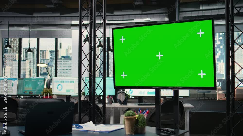 Poster clean professional office workstation with copy space mockup tv screen, space prepared with reports 
