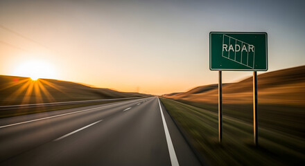 Radar Warning Sign on Desert Highway at Sunset Offering Distance Detection