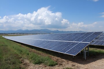 Field of Solar Panels on Solar Farm: Renewable Energy and Sustainable Technology in Rural Landscape with Mountain Backdrop Offering Clean Energy and Eco-Friendly Solutions