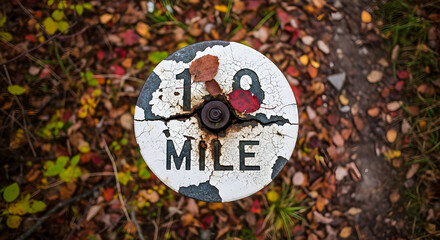 One Mile Marker Sign Amidst Autumnal Foliage on Hiking Trail