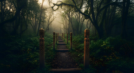 Mystical Pathway Through Enchanted Forest With Carved Wooden Sentinels