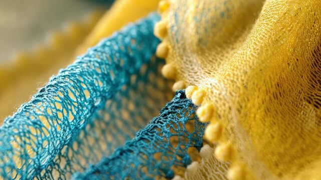 Close-up shot of a vibrant yellow and blue scarf, with intricate patterns and textures