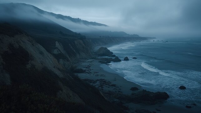 A foggy coastal landscape with ocean waves and cliffs present