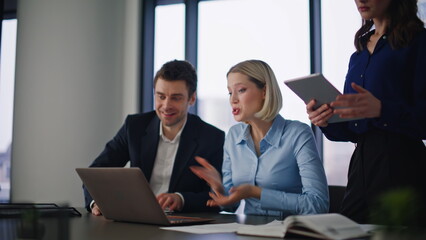 Friendly coworkers greeting webcam laptop starting team video meeting closeup.