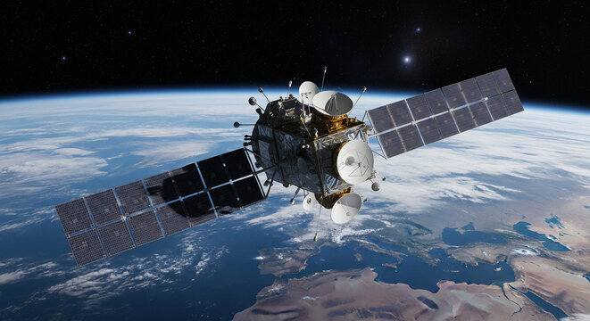 An astronaut plays an electric guitar in the solitude of space, with the moon and Earth visible from the spaceship's window