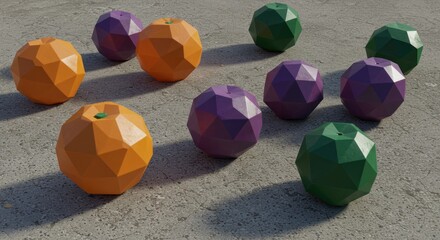 Geometric fruits on a concrete floor