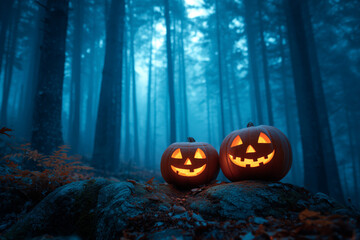 Two Jack-O'-Lanterns in a Spooky Forest at Night