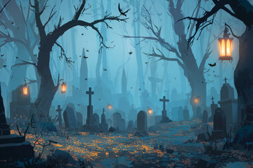 Spooky Halloween Cemetery with Glowing Lanterns and Bats