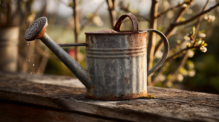 ジョウロが春の息吹と錆びを対比鮮やかに