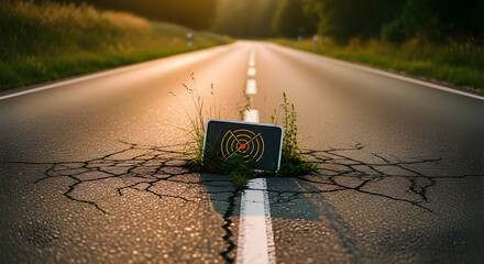Navigation Challenge On Rural Road With Cracked Asphalt And Target Screen