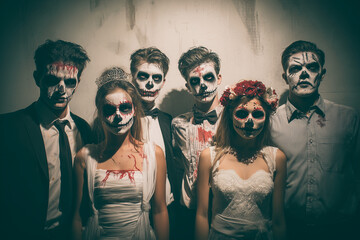 Group Spooky Halloween Party: of Adults in Skull Costumes