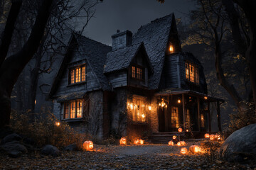 Autumn Haunted House with Glowing Pumpkins in Eerie Forest at Night