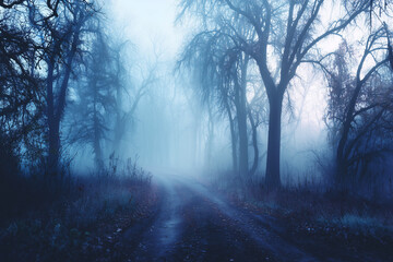 Shrouded Misty forest path with bare trees in blue fog
