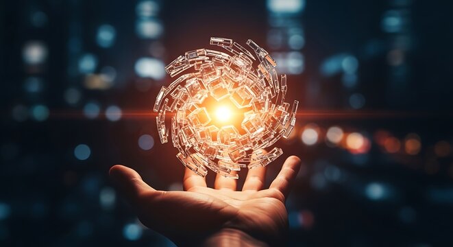 Human Hand Holding a Luminous Abstract Sphere of Fragmented Transparent Cuboids Against a Bokeh City Night