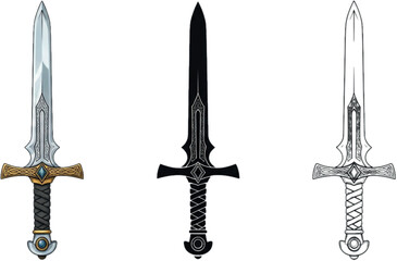 Excalibur Sword in 3 Styles – Color Realism, Silhouette & Line Art | Legendary Medieval Blade Illustration Collection