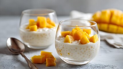 Delicious Plant-Based Coconut Yogurt and Mango Parfait: A Healthy Creamy Dessert - Fresh & Simple Fruit Recipe for Summer Breakfast or Sweet Snack with Chia Seeds in Glass Bowls