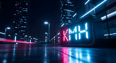 Neon Cityscape With Illuminated Speedometer Displaying Kilometers Per Hour