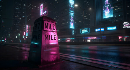 Neon Lights Illuminate a Grungy Mile Marker in a Futuristic Cityscape