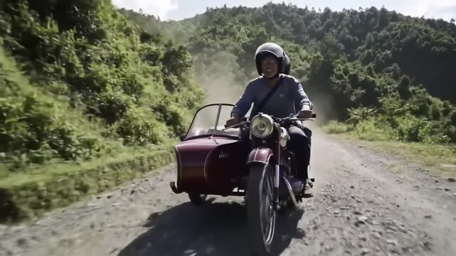 Person riding a sidecar motorcycle on a dusty mountain road