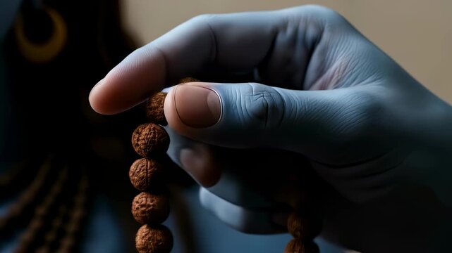 A closeup of a hand holding rudraksha beads, symbolizing hindu prayer, spirituality, and devotion, capturing the essence of ancient indian tradition and sacred practice