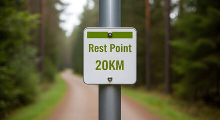 Rest Stop Sign Along Forest Trail Marking Distance And Designated Break Area