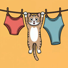 A funny cartoon cat illustration on a clothesline is a cute design for a baby shower card
