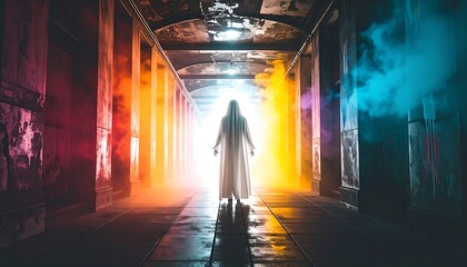 Fototapeta premium A figure in white in a colorful tunnel