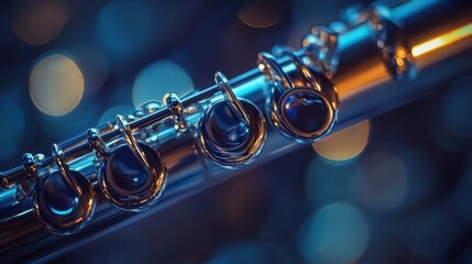 Fototapeta premium A beautiful macro photograph showing the polished metal flute instrument