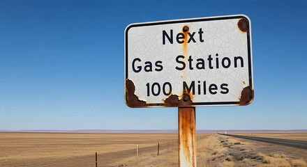 Next Gas Station Sign On Lonely Desert Road Underneath A Clear Blue Sky