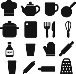 Fototapeta premium Kitchen Utensils and Cookware silhouette Icons Set, Collection of black and white cooking tools and kitchenware vector illustrations