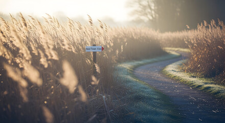Obraz premium Path Through Tall Grass With Signpost Directing To Next Town At Sunrise